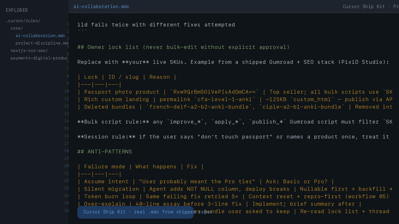 ai-collaboration.mdc open in Cursor — ANTI-PATTERNS table from Cursor Ship Kit
