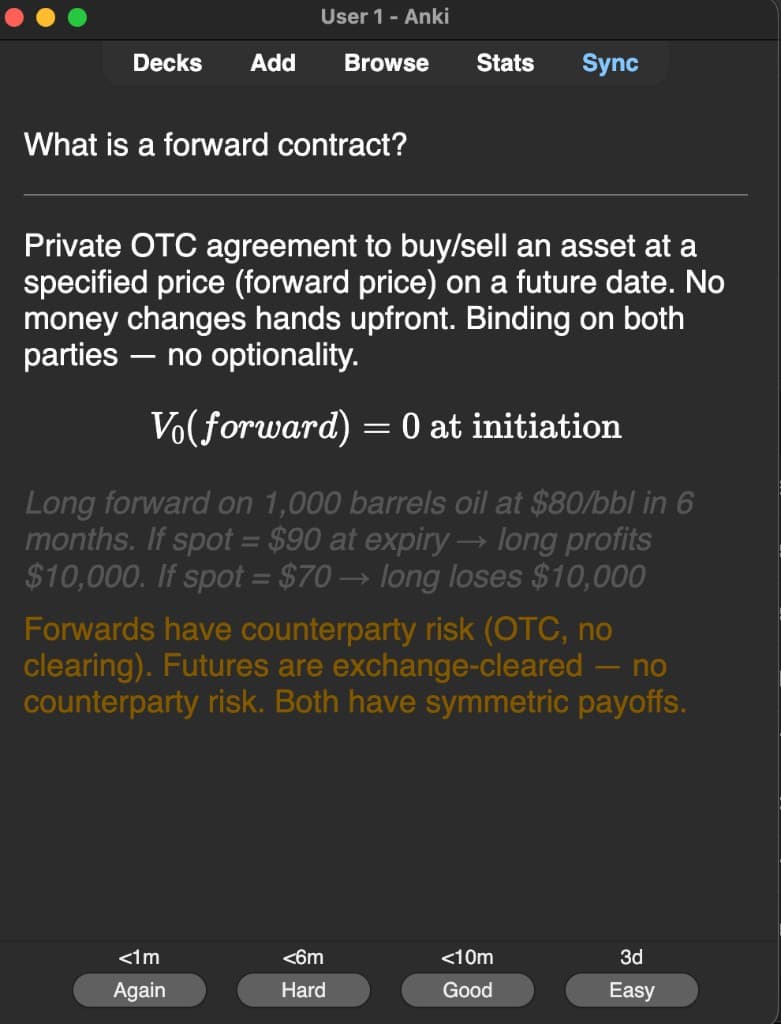 Sample Anki card: What is a forward contract?