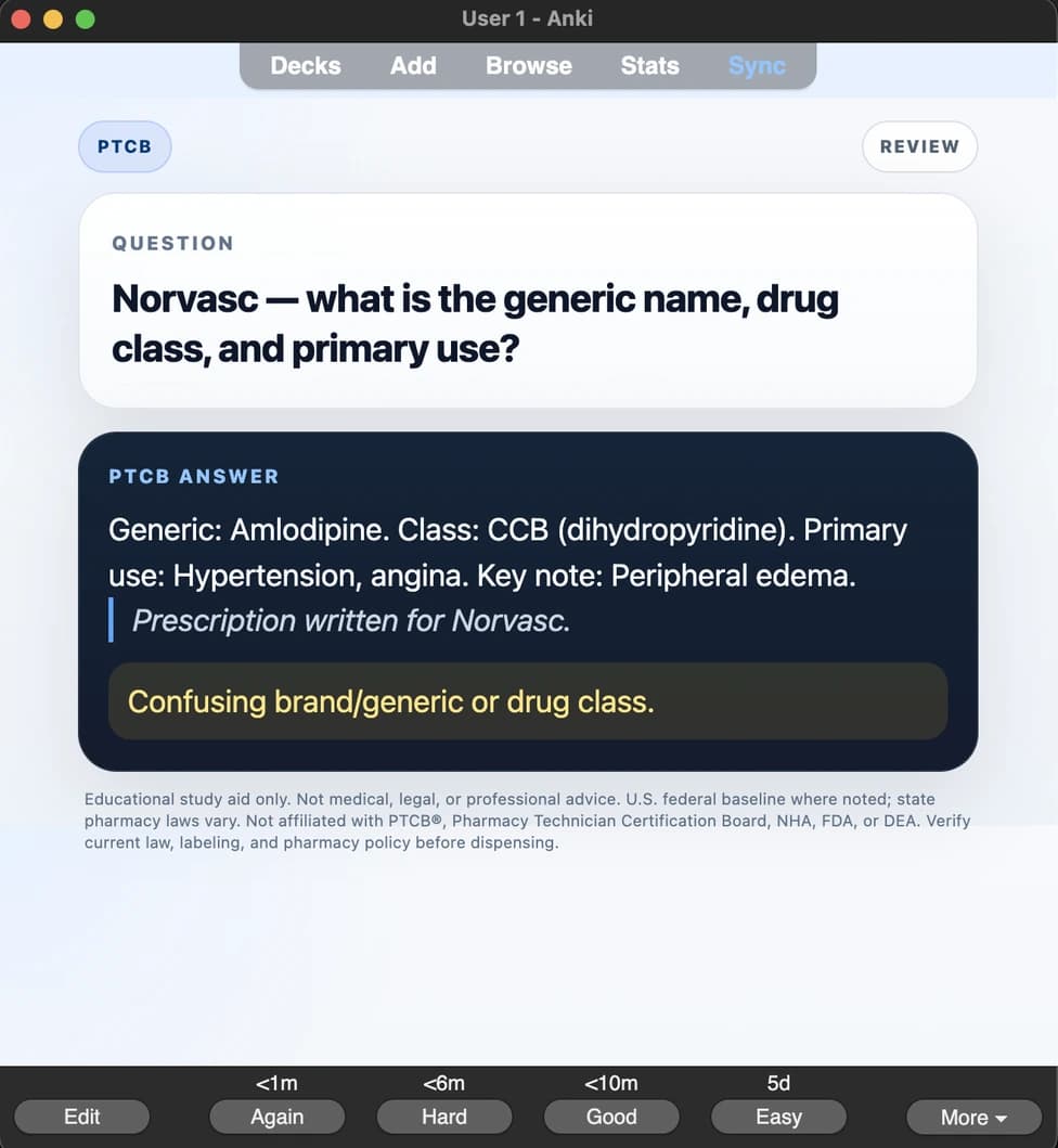 Sample Anki card: Norvasc — generic name, class, and primary use