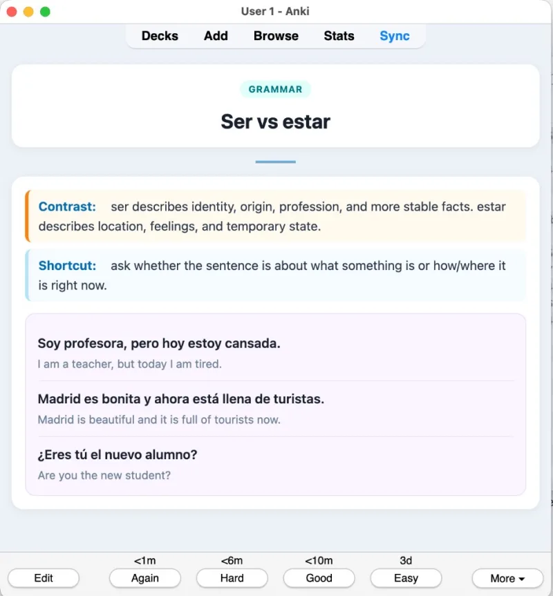 Sample Anki card: Spanish sentence order