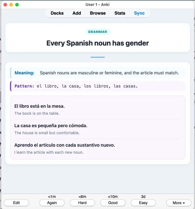 Sample Anki card: Every Spanish noun has gender