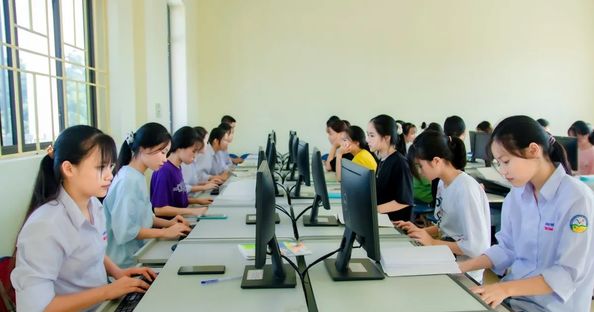 Students at computer stations in a testing lab — electronic exam center vibe