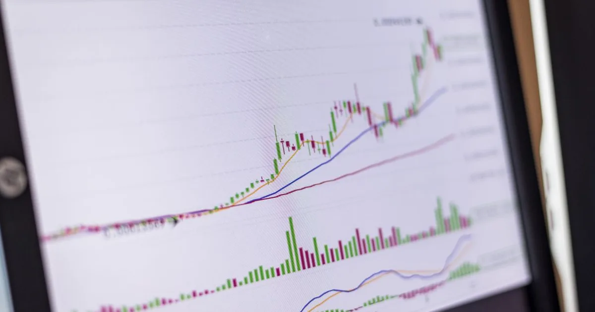 Stock market candlestick charts on a trading monitor