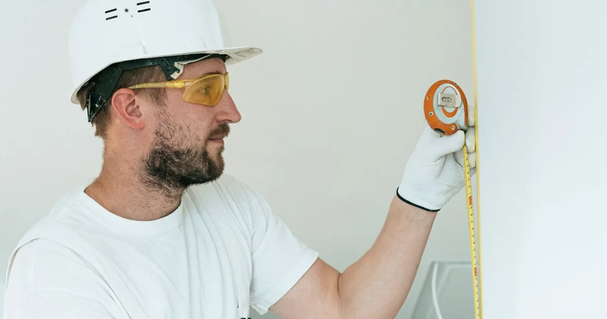 Surveyor measuring a commercial building facade with a laser distance meter