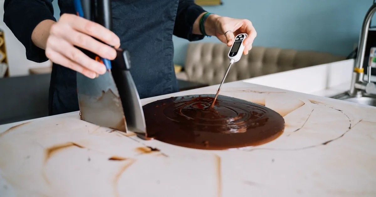 Chef using a digital thermometer while preparing food in a kitchen