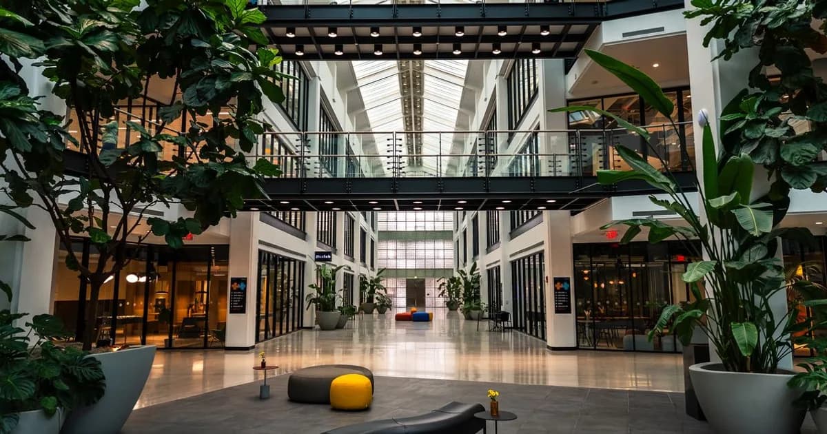 Bright commercial office atrium with plants, daylight, and open seating for occupant wellness