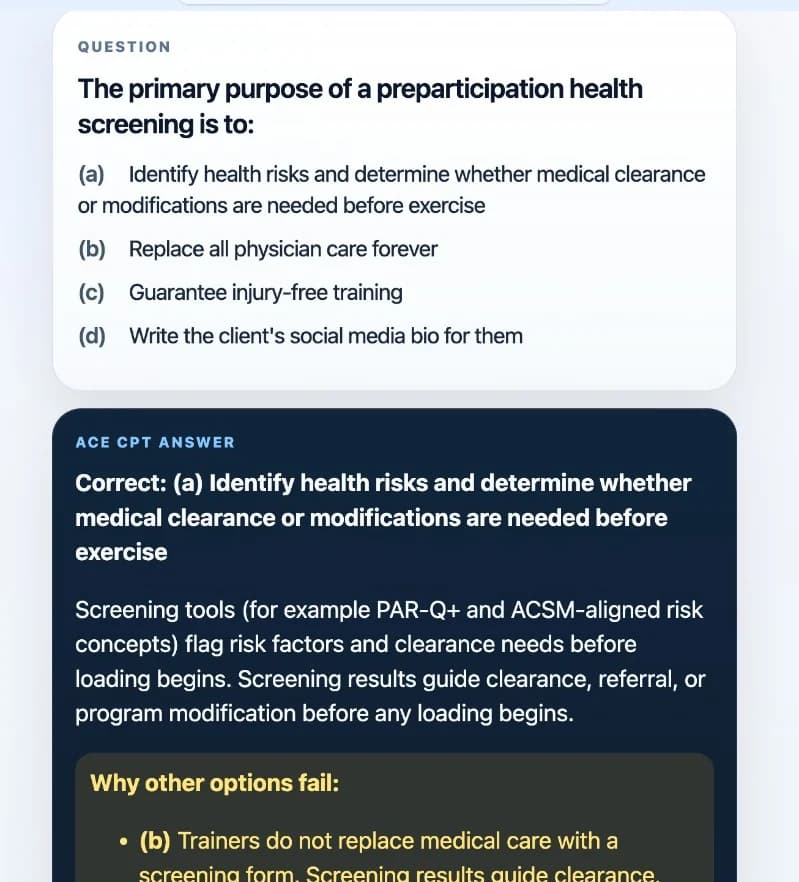 Sample Anki card: The primary purpose of a preparticipation health screening is to: