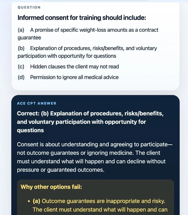 Sample Anki card: Informed consent for training should include: