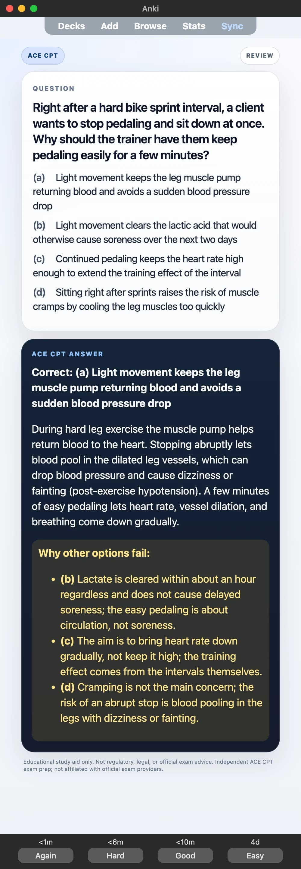 Sample Anki card: Right after a hard bike sprint interval, a client wants to stop pedaling and sit down at once. Why should the trainer have them keep pedaling easily for a few minutes?