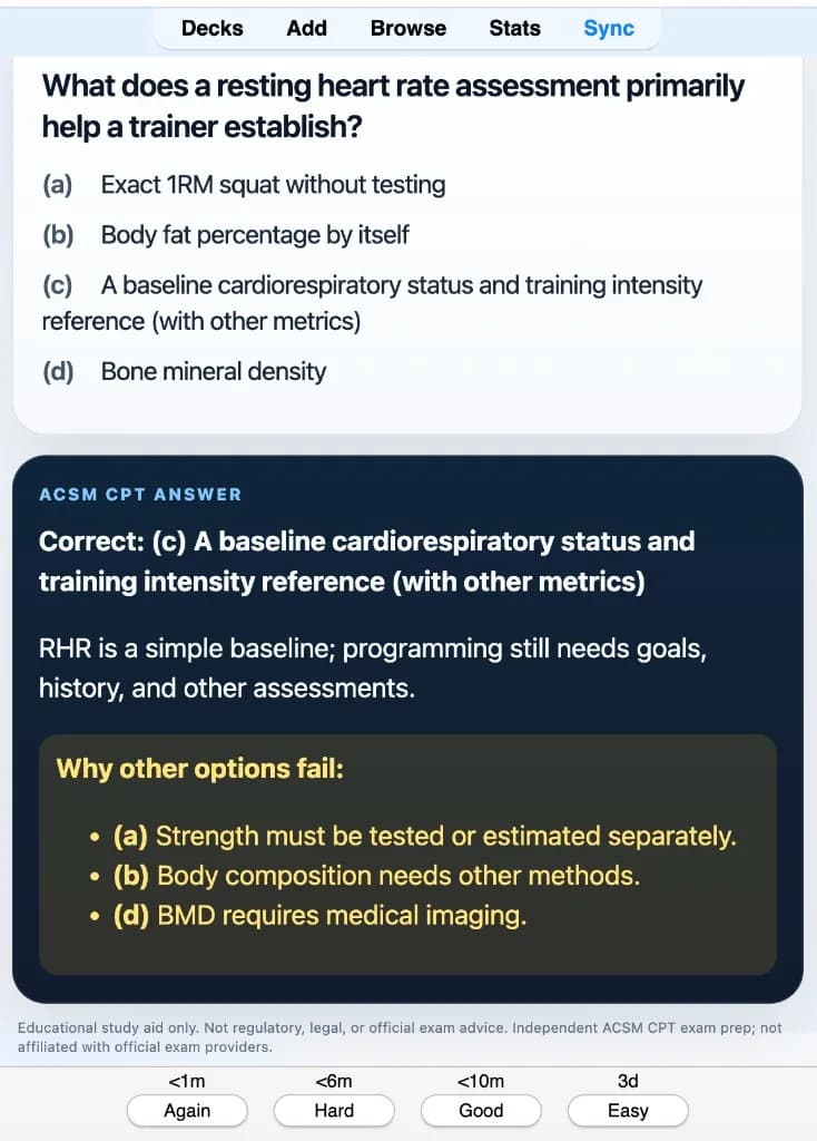 Sample Anki card: What does a resting heart rate assessment primarily help a trainer establish?