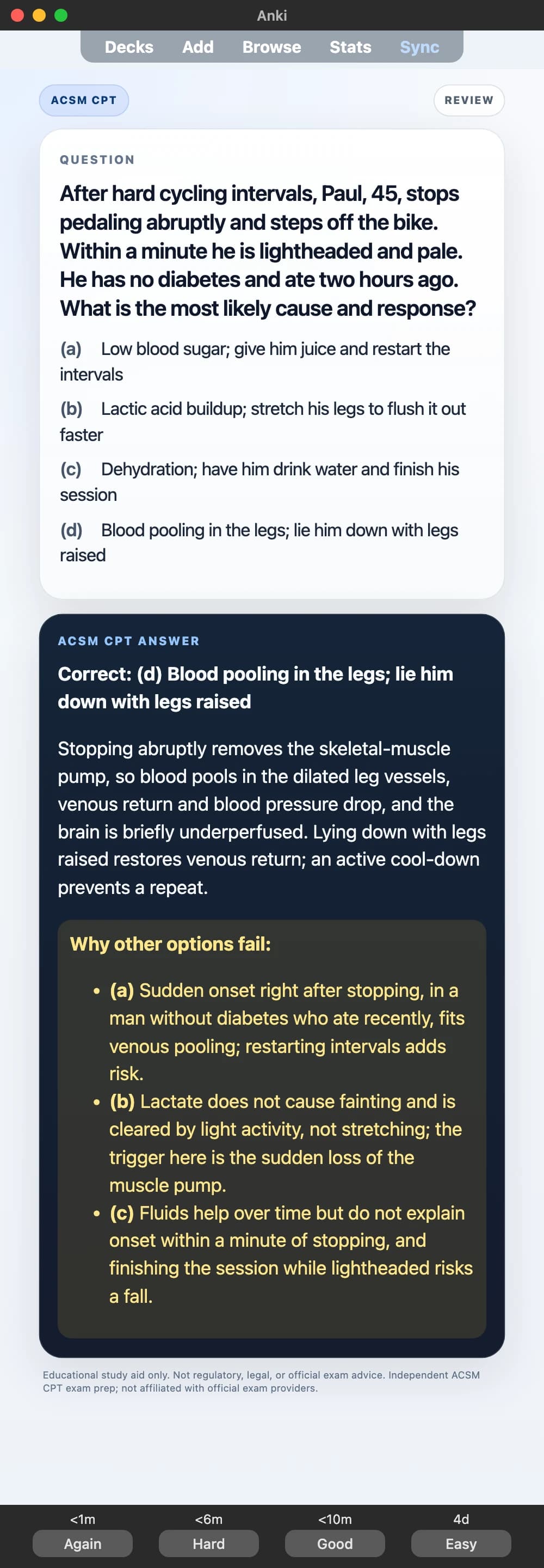 Sample Anki card: After hard cycling intervals, Paul, 45, stops pedaling abruptly and steps off the bike. Within a minute he is lightheaded and pale. He has no diabetes and ate two hours ago. What is the most likely cause and response?