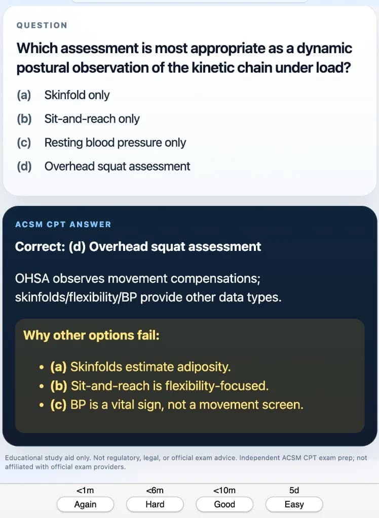 Sample Anki card: Which assessment is most appropriate as a dynamic postural observation of the kinetic chain under load?