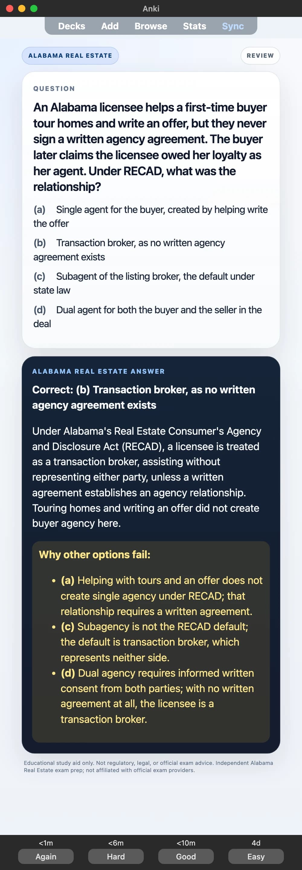 Sample Anki card: An Alabama licensee helps a first-time buyer tour homes and write an offer, but they never sign a written agency agreement. The buyer later claims the licensee owed her loyalty as her agent. Under RECAD, what was the relationship?