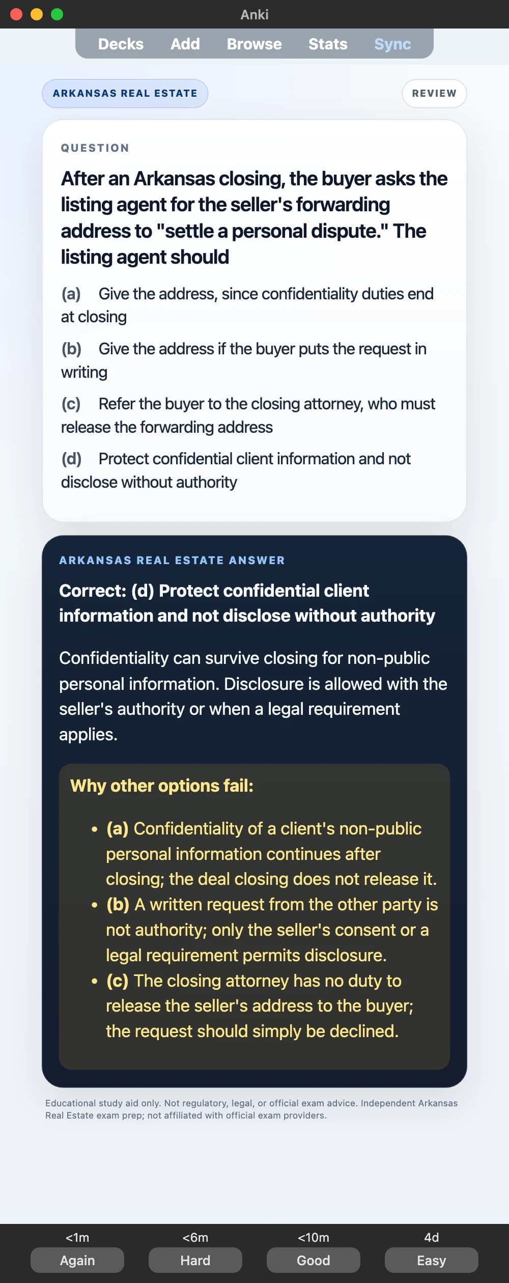 Sample Anki card: After an Arkansas closing, the buyer asks the listing agent for the seller's forwarding address to "settle a personal dispute." The listing agent should