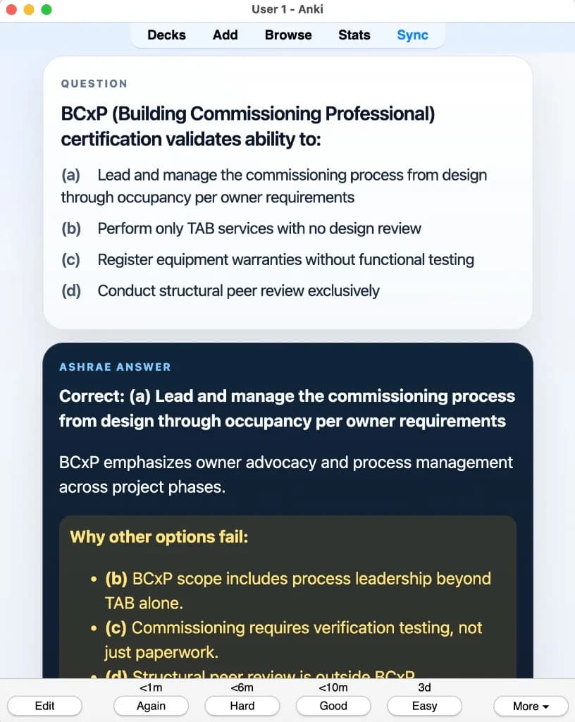 Sample Anki card: BCxP (Building Commissioning Professional) certification validates ability to: