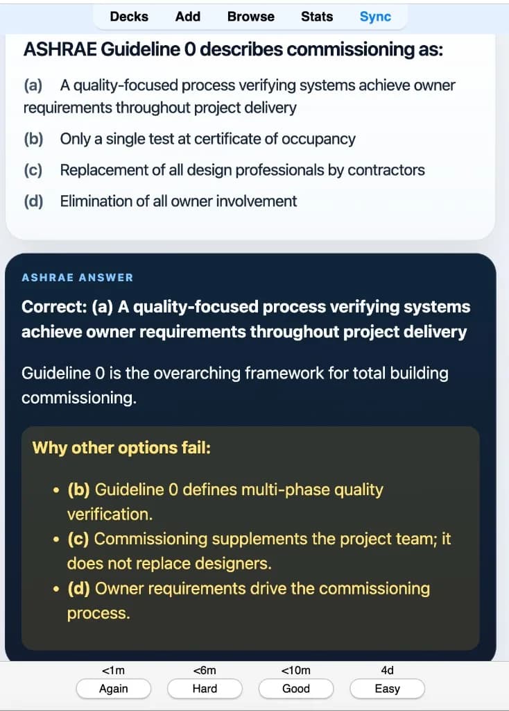 Sample Anki card: ASHRAE Guideline 0 describes commissioning as: