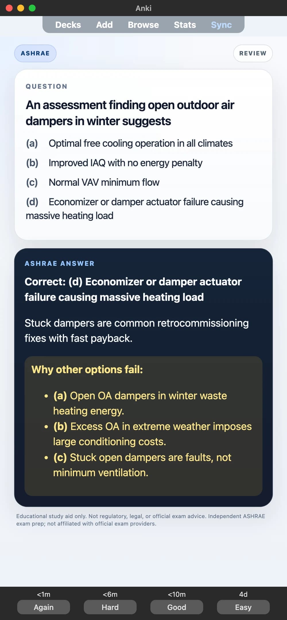 Sample Anki card: An assessment finding open outdoor air dampers in winter suggests