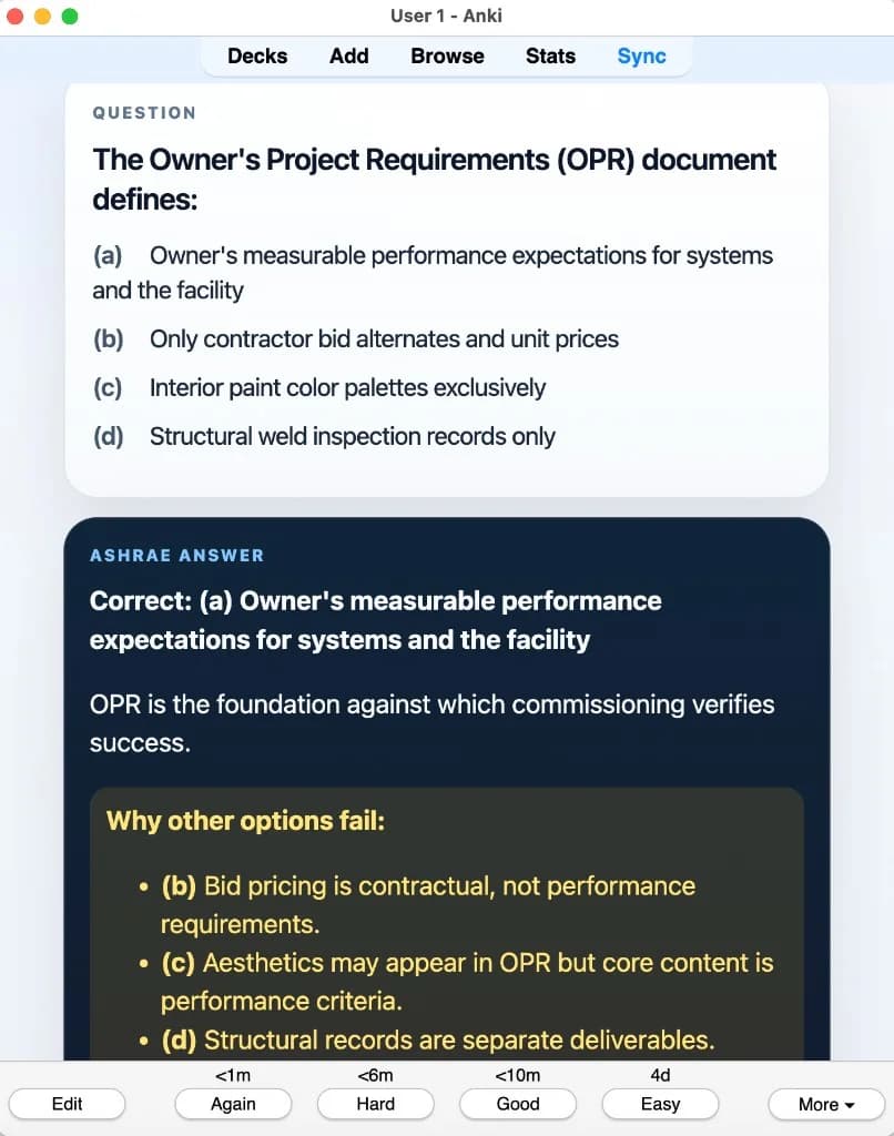 Sample Anki card: The Owner's Project Requirements (OPR) document defines: