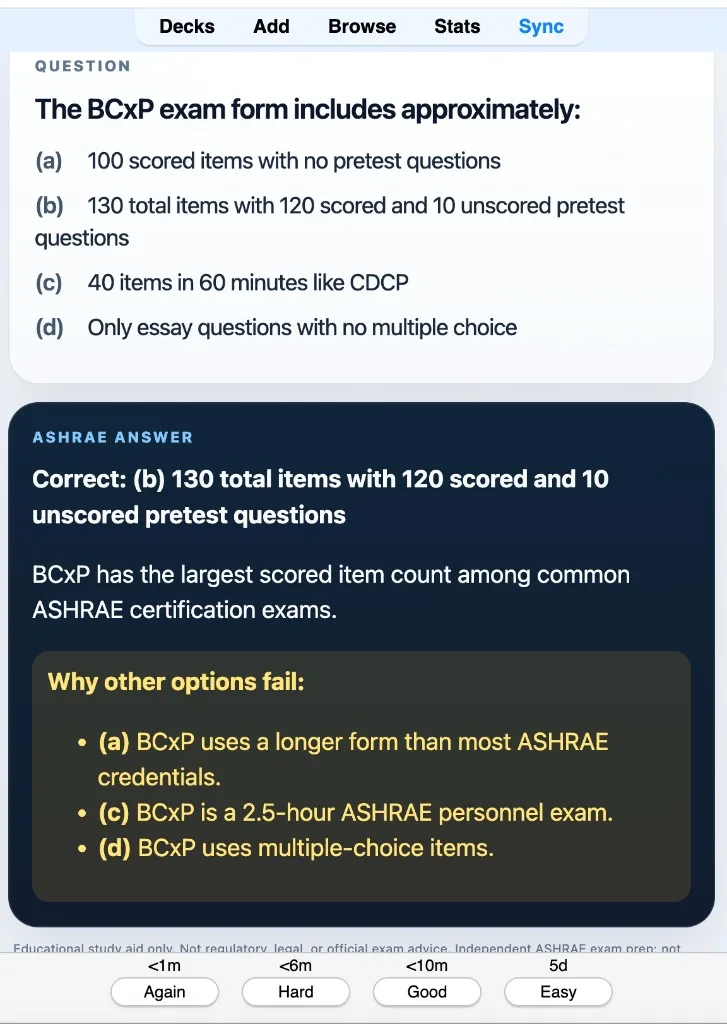 Sample Anki card: The BCxP exam form includes approximately: