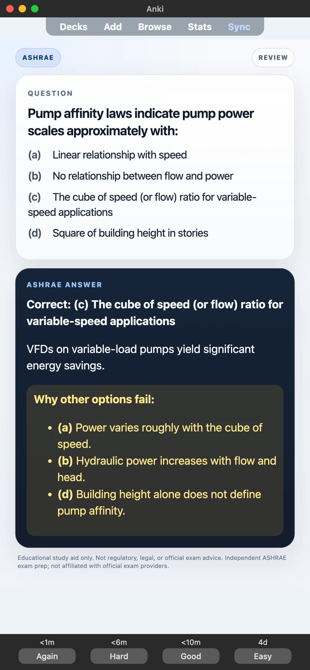 Sample Anki card: Pump affinity laws indicate pump power scales approximately with: