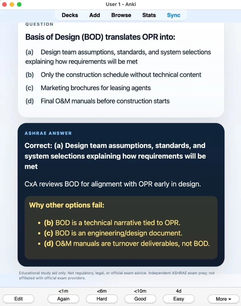 Sample Anki card: Basis of Design (BOD) translates OPR into: