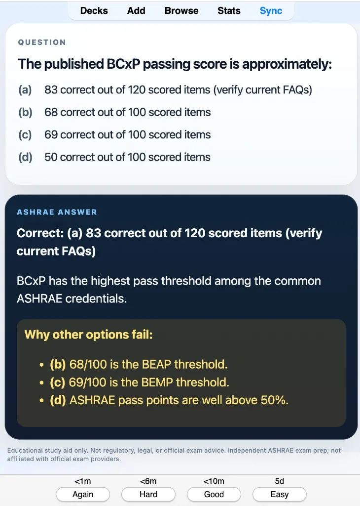 Sample Anki card: The published BCxP passing score is approximately: