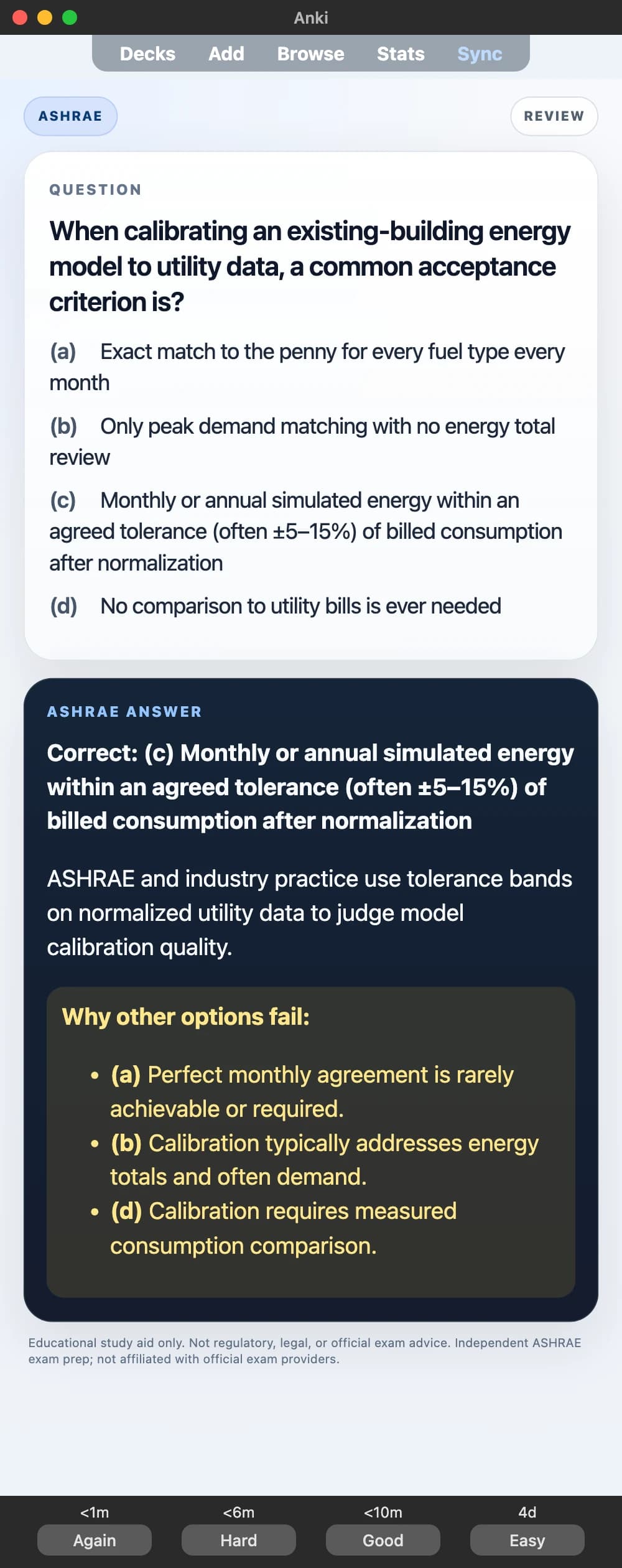 Sample Anki card: When calibrating an existing-building energy model to utility data, a common acceptance criterion is?