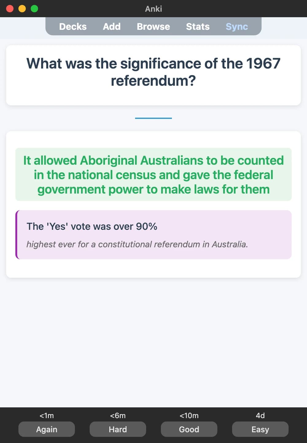 Sample Anki card: What was the significance of the 1967 referendum?