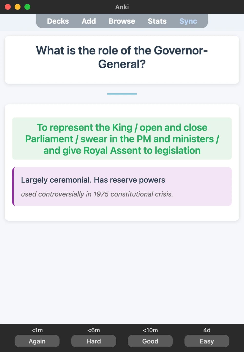 Sample Anki card: What is the role of the Governor-General?