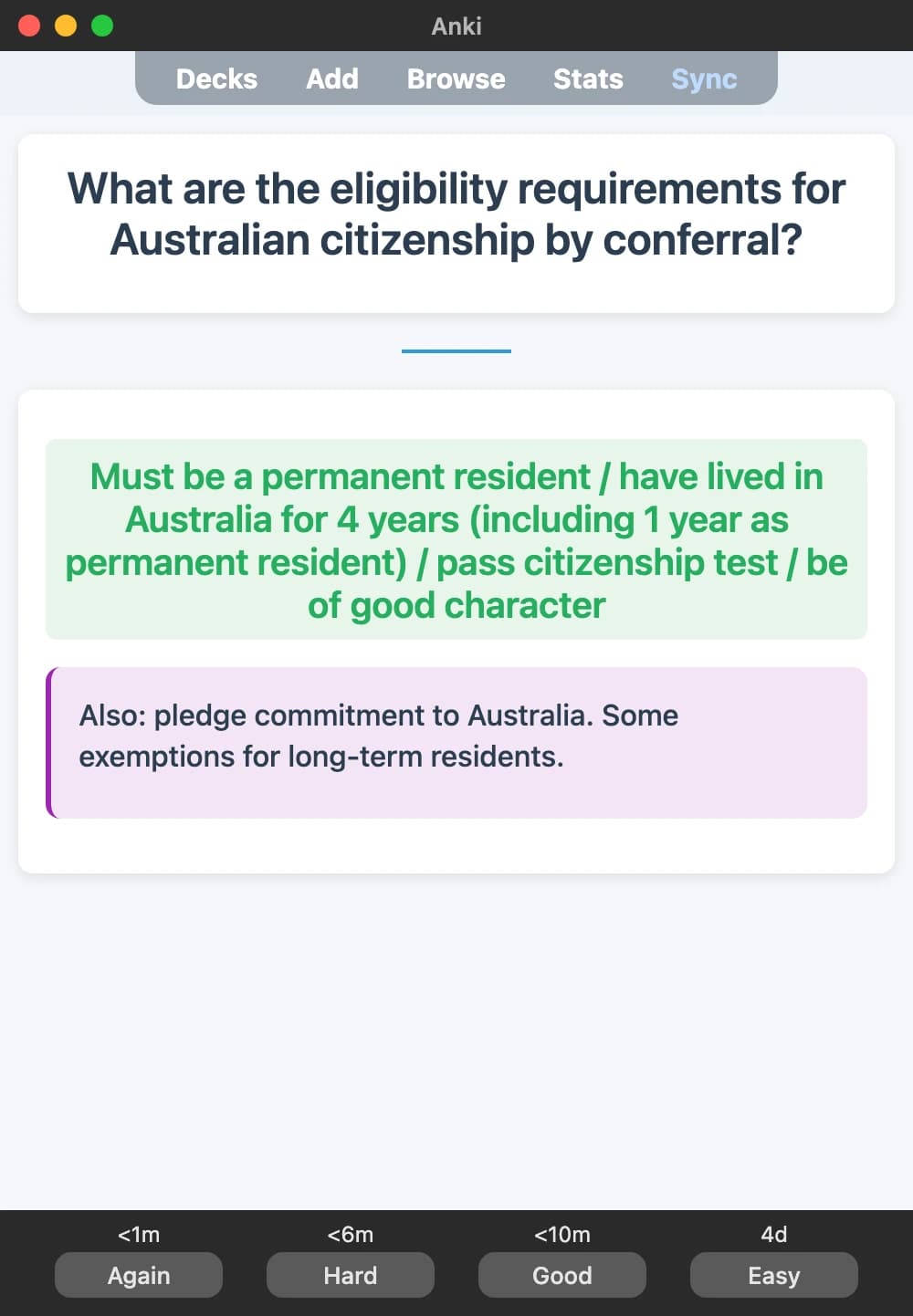 Sample Anki card: What are the eligibility requirements for Australian citizenship by conferral?