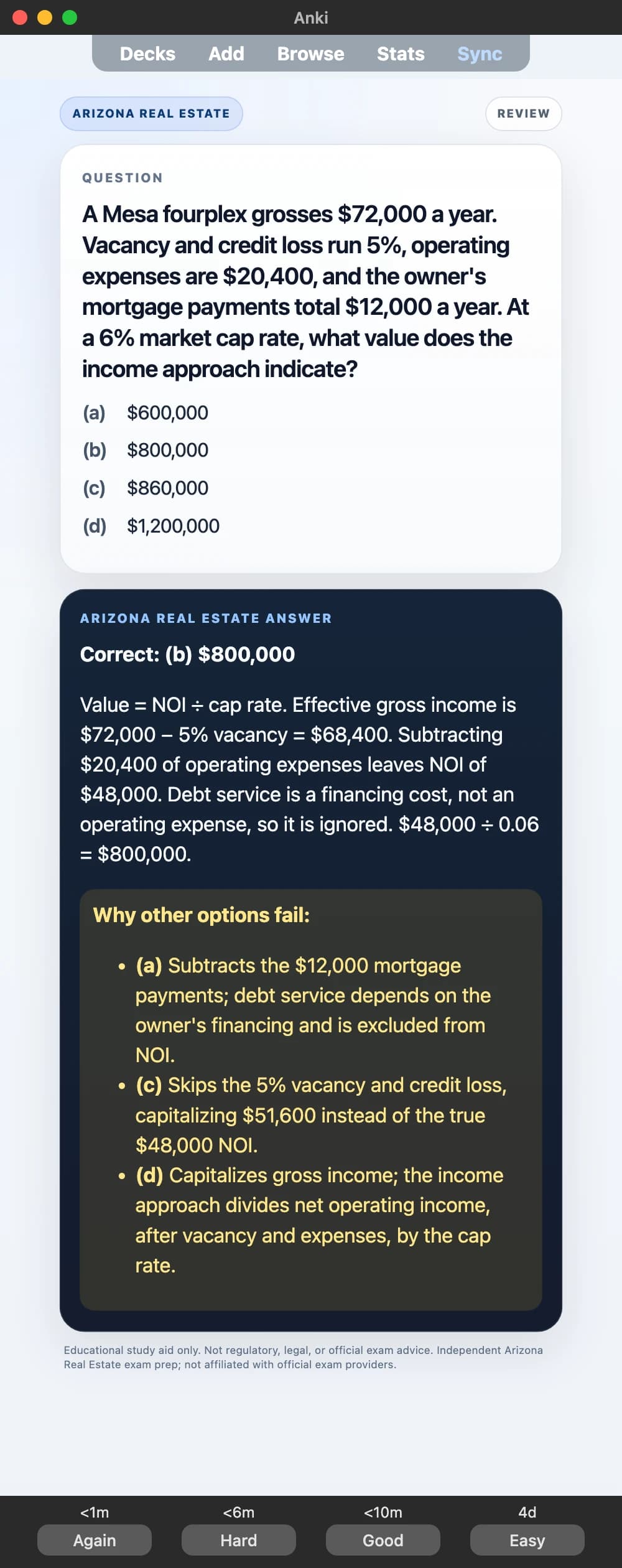 Sample Anki card: A Mesa fourplex grosses $72,000 a year. Vacancy and credit loss run 5%, operating expenses are $20,400, and the owner's mortgage payments total $12,000 a year. At a 6% market cap rate, what value does the income approach indicate?
