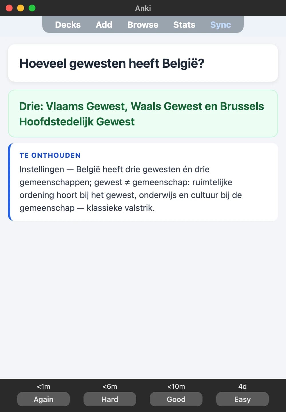 Sample Anki card: Hoeveel gewesten heeft België?