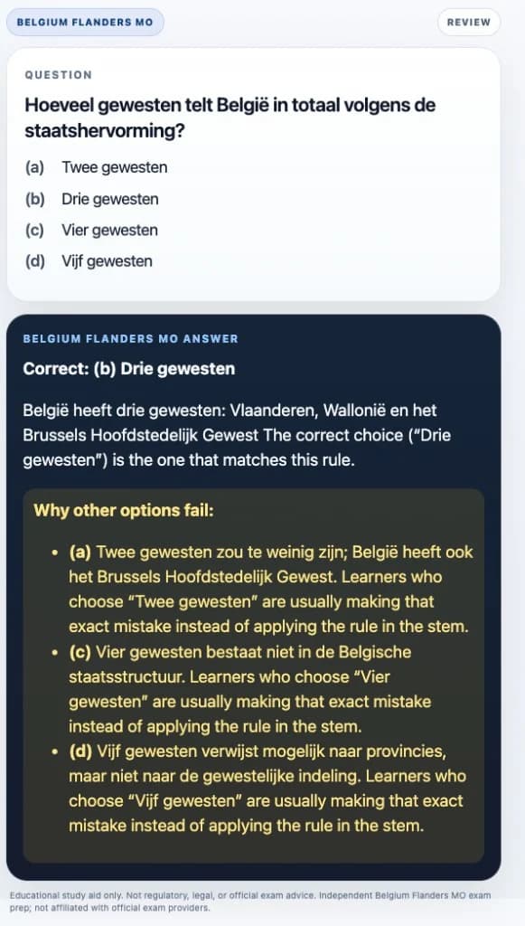 Sample Anki card: Hoeveel gewesten telt België in totaal volgens de staatshervorming?