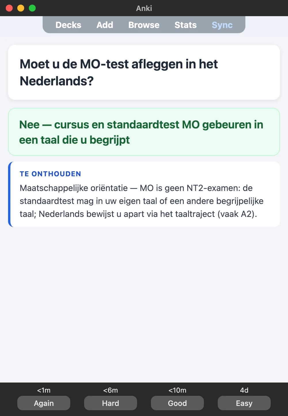 Sample Anki card: Moet u de MO-test afleggen in het Nederlands?