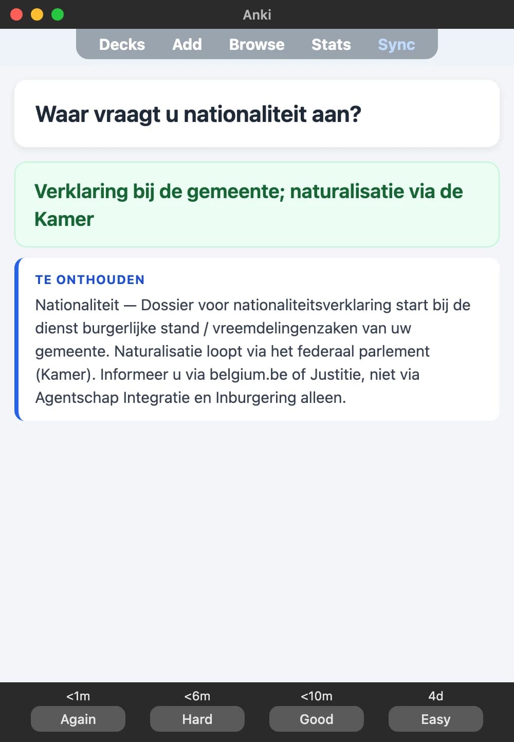 Sample Anki card: Waar vraagt u nationaliteit aan?