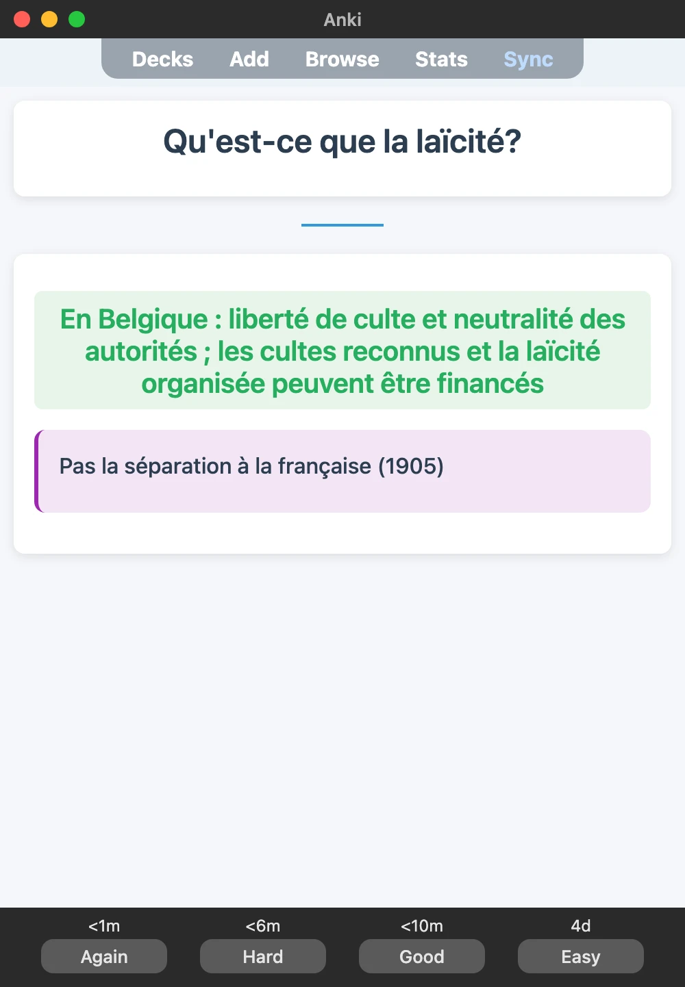 Sample Anki card: Qu'est-ce que la laïcité?