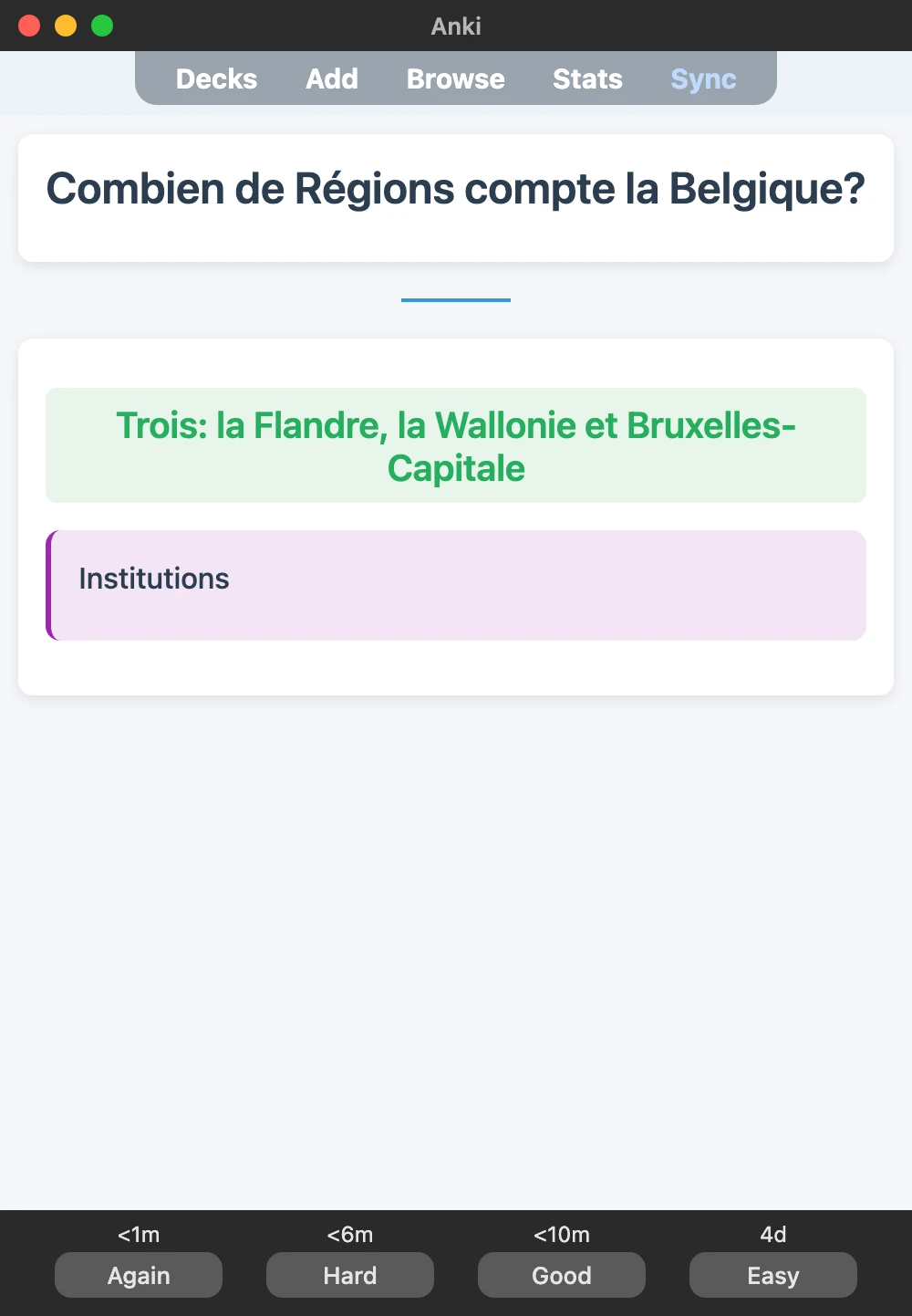 Sample Anki card: Combien de Régions compte la Belgique?