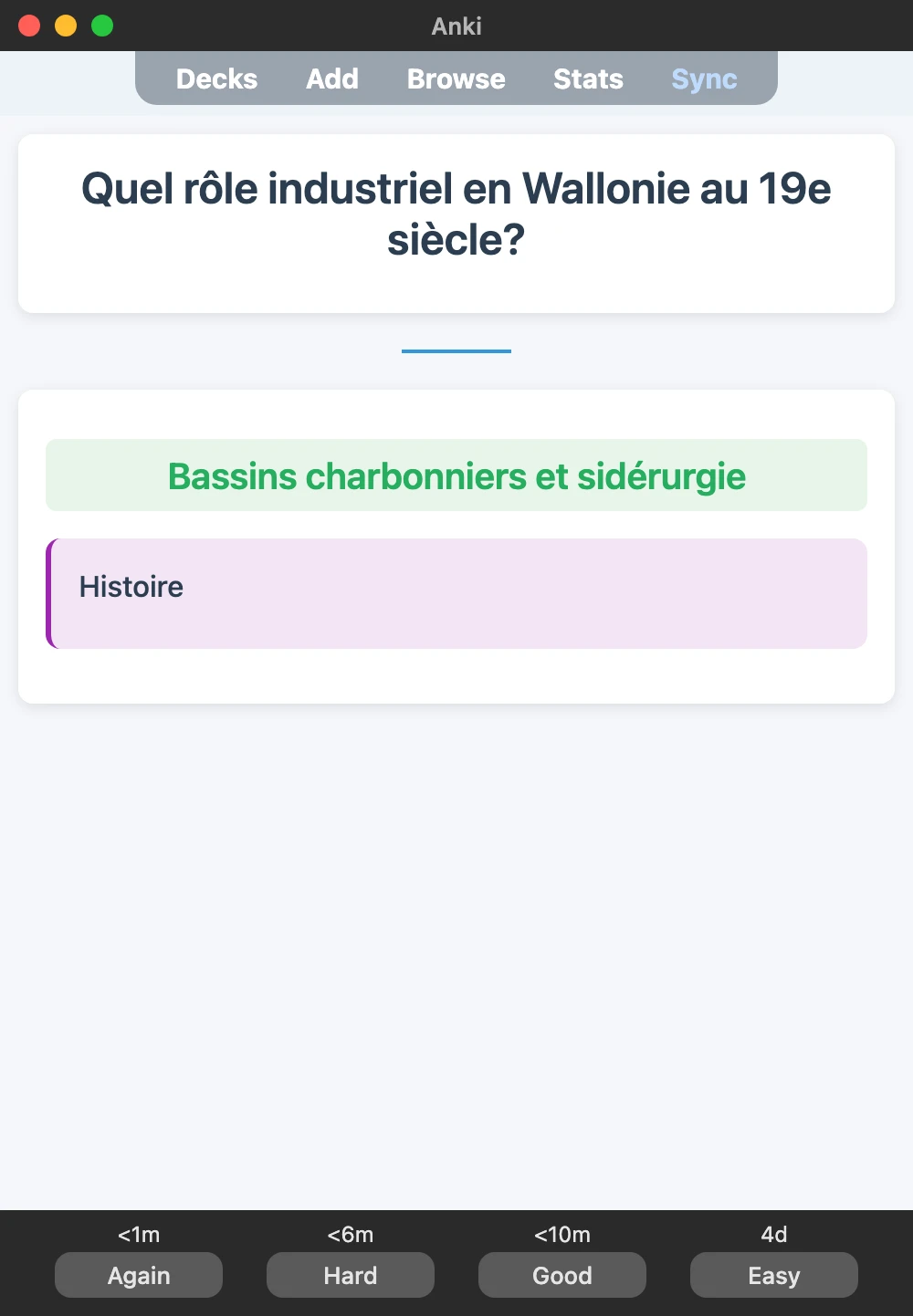 Sample Anki card: Quel rôle industriel en Wallonie au 19e siècle?
