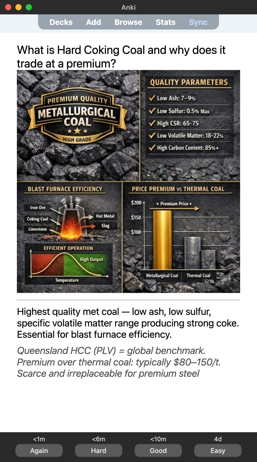 Sample Anki card: What is Hard Coking Coal and why does it trade at a premium?