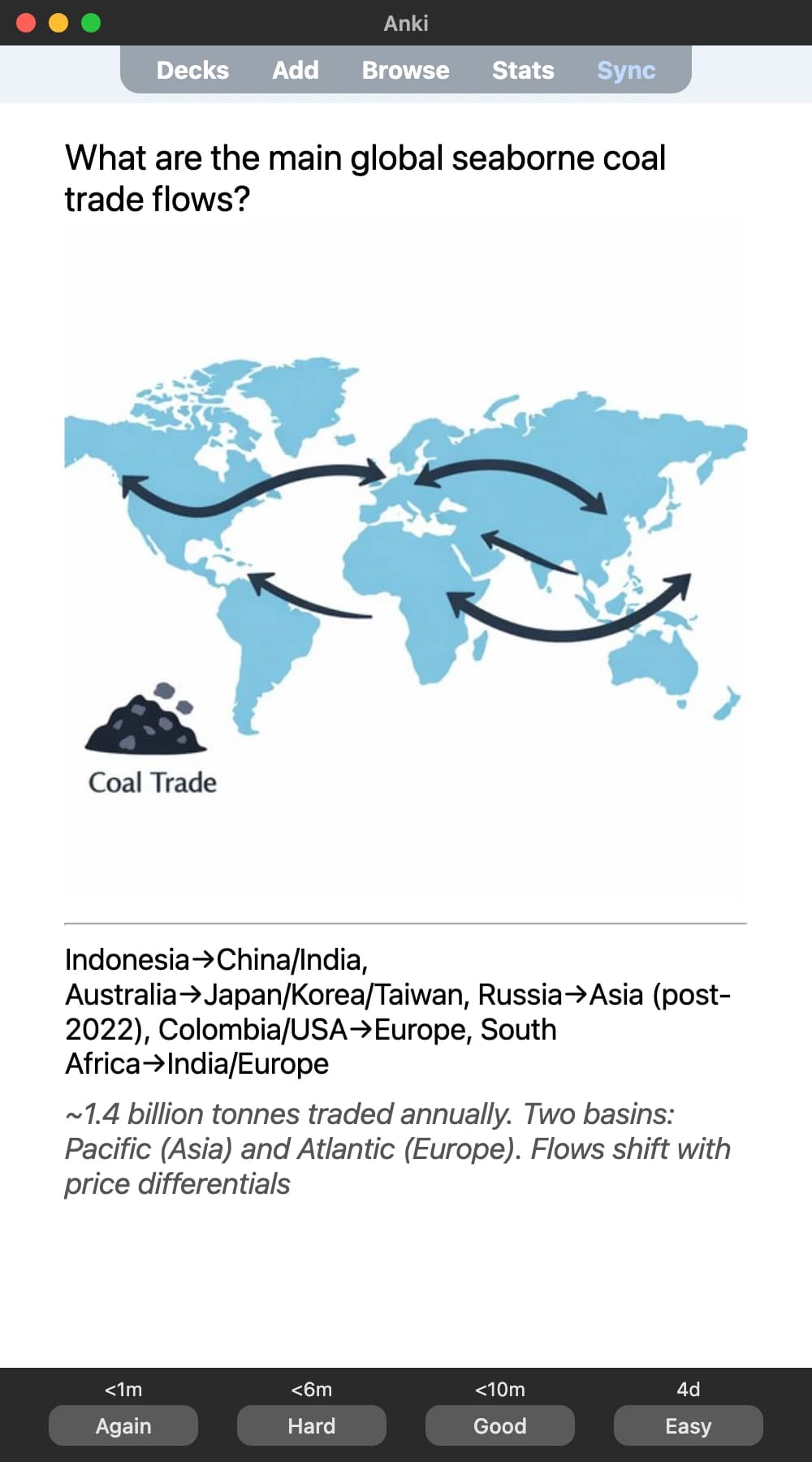Sample Anki card: What are the main global seaborne coal trade flows?