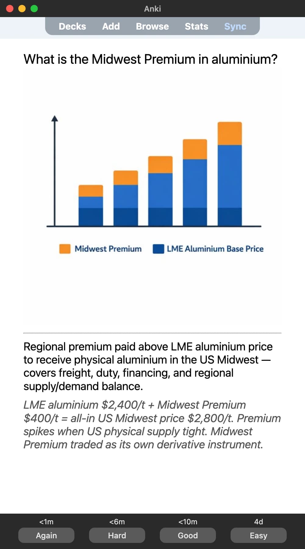 Sample Anki card: What is the Midwest Premium in aluminium?