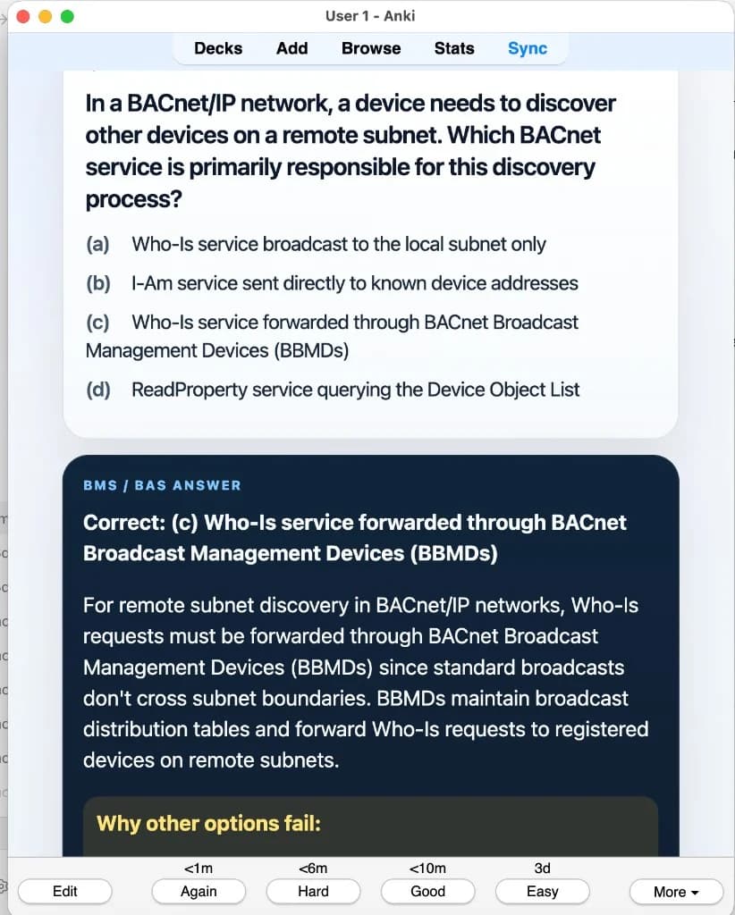 Sample Anki card: In a BACnet/IP network, a device needs to discover other devices on a remote subnet. Which BACnet service is primarily responsible for this discovery process?