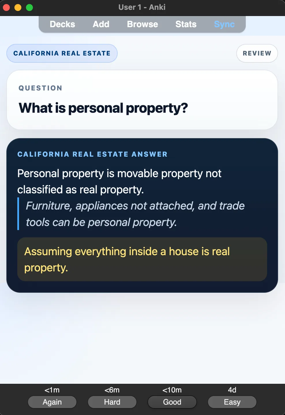 Sample Anki card: What is personal property?