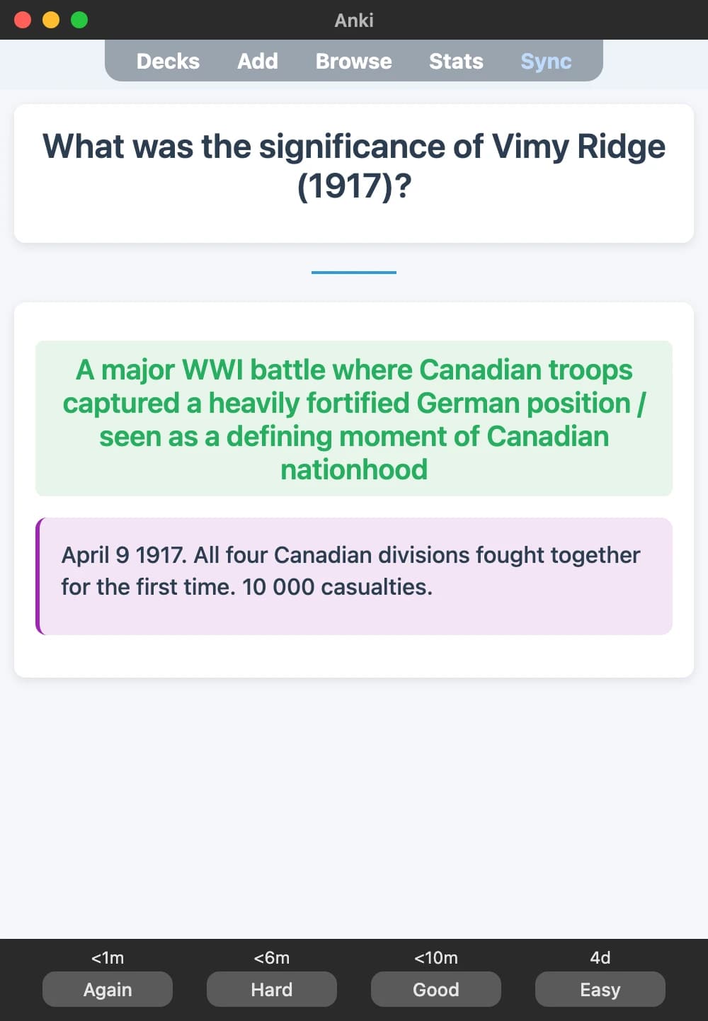 Sample Anki card: What was the significance of Vimy Ridge (1917)?