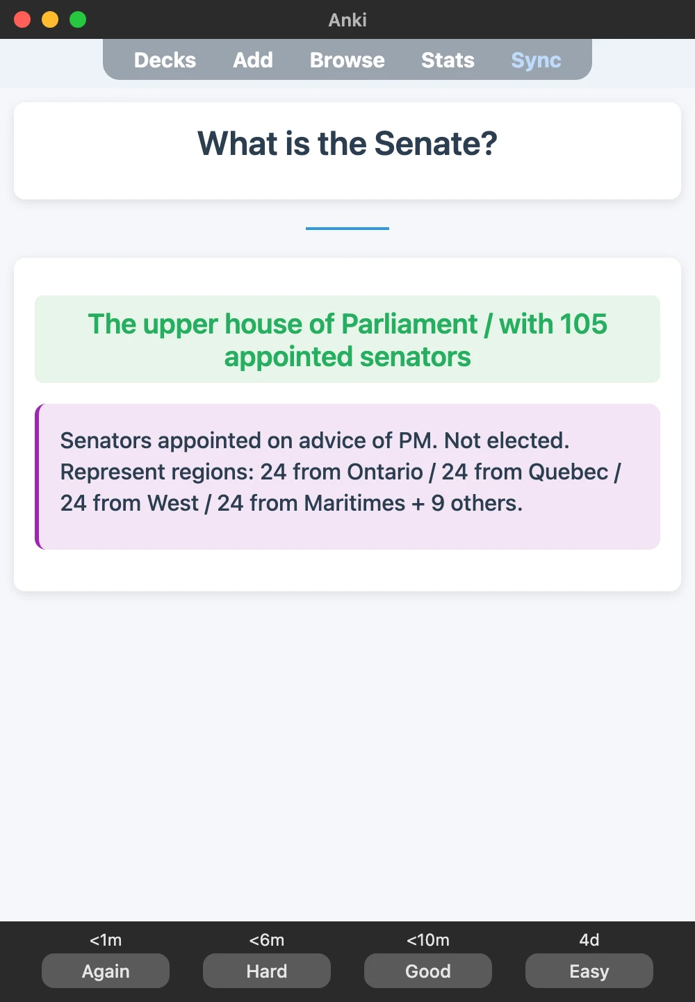 Sample Anki card: What is the Senate?