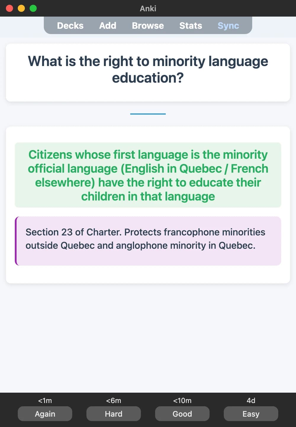 Sample Anki card: What is the right to minority language education?