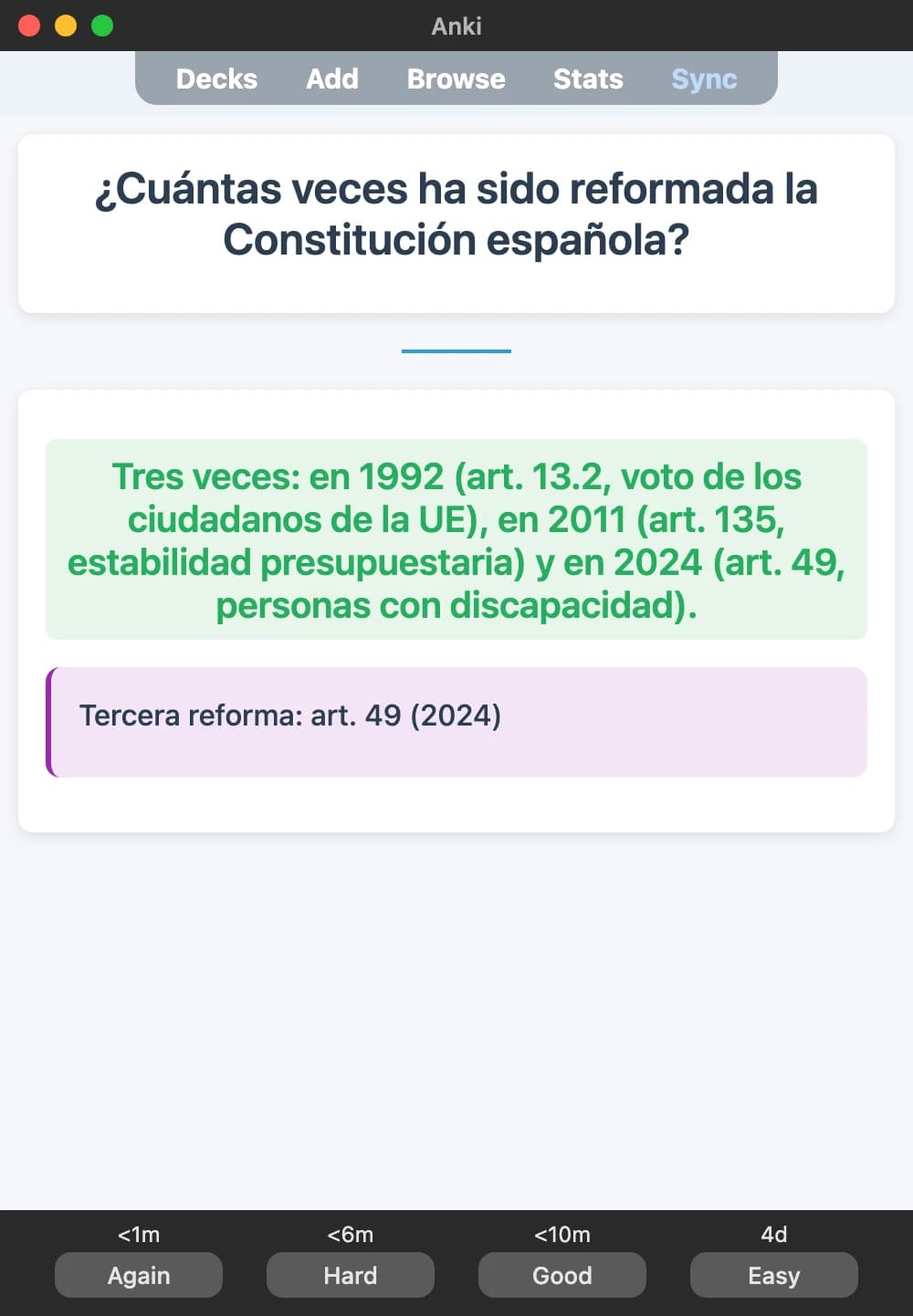 Sample Anki card: ¿Cuántas veces ha sido reformada la Constitución española?