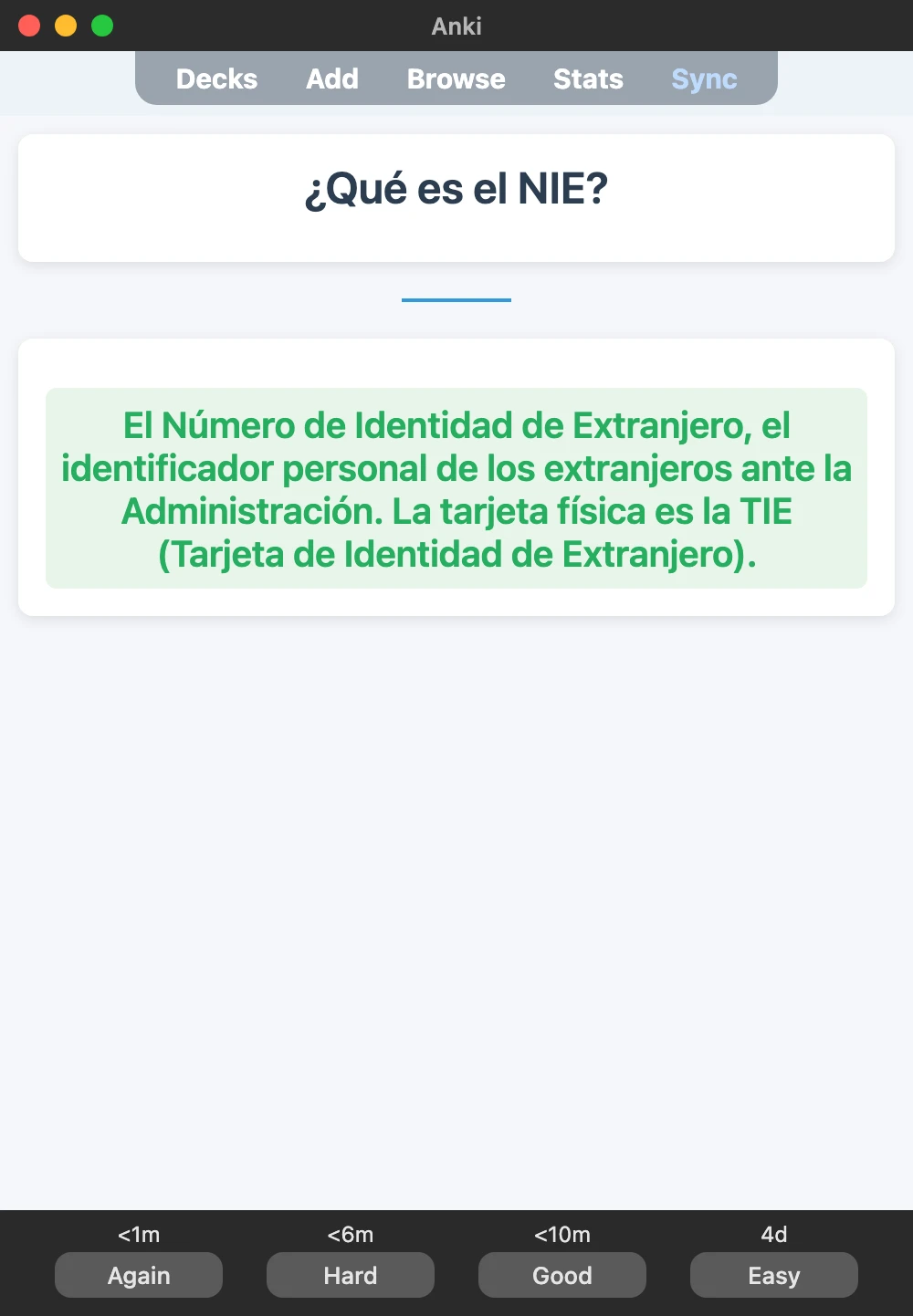 Sample Anki card: ¿Qué es el NIE?