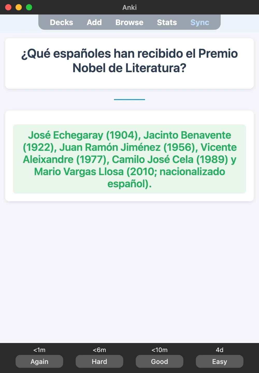 Sample Anki card: ¿Qué españoles han recibido el Premio Nobel de Literatura?