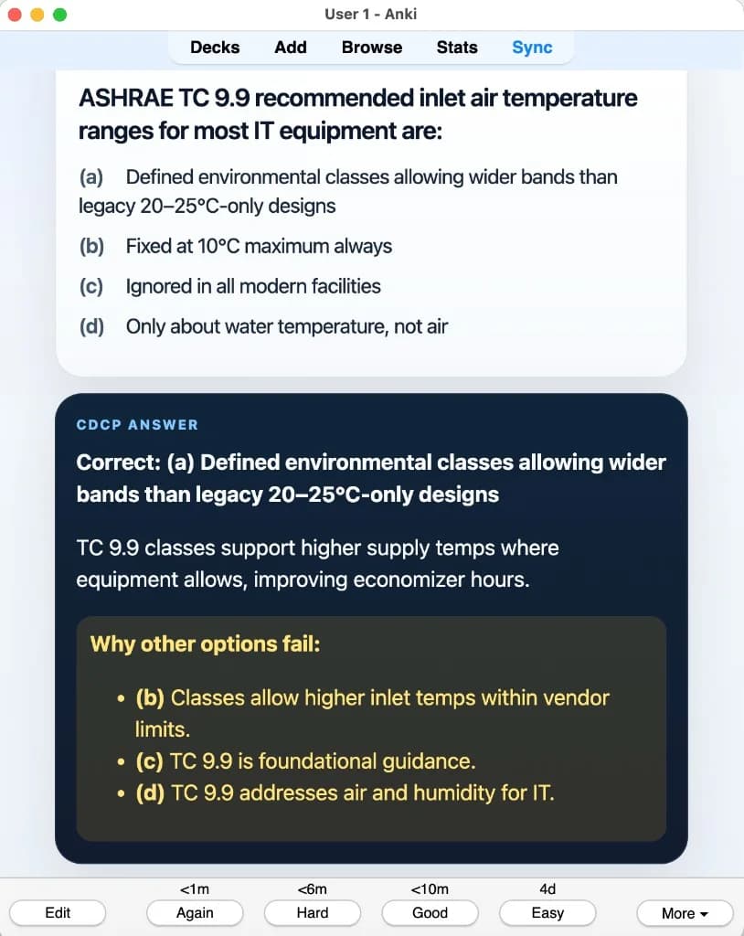 Sample Anki card: ASHRAE TC 9.9 recommended inlet air temperature ranges for most IT equipment are:
